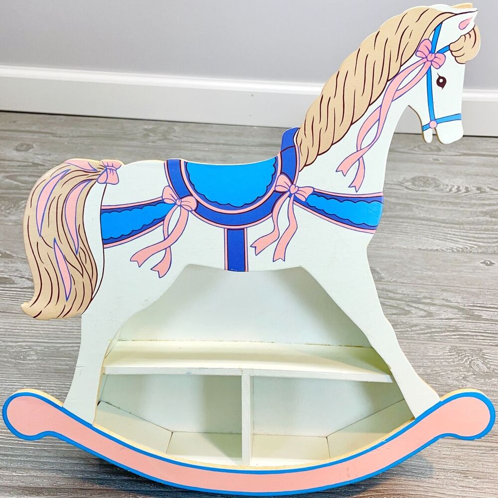 Vintage Rocking Horse Wall Hanging Nursery Shelf White Pink Blue by JSNY